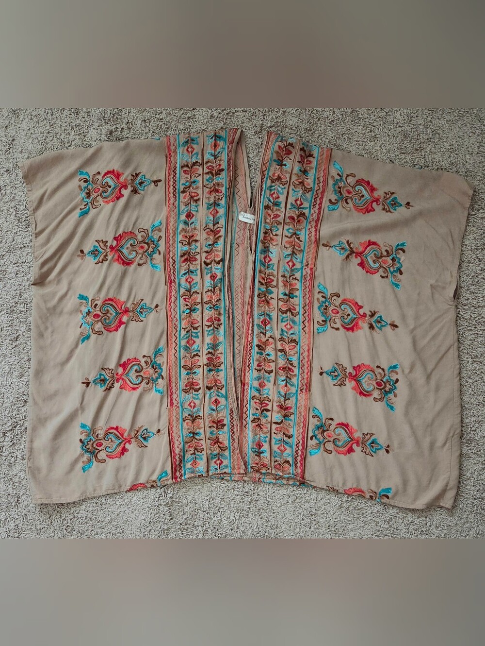 Embroidered Open Front Poncho Shawl Wrap size L-XL Brown Blue